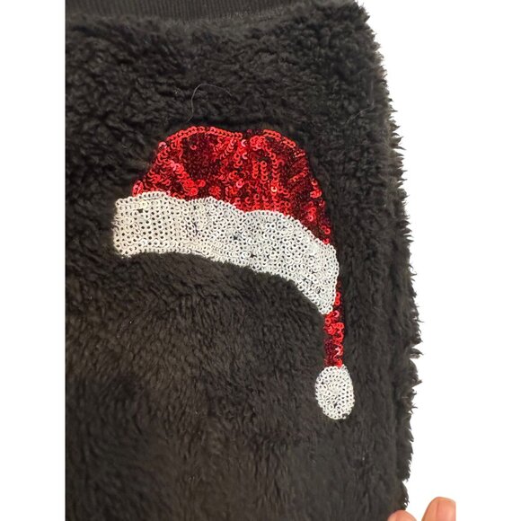 Miss Chevious Black Fuzzy Jogger Pants Large Sequin Ho Ho Ho & Santa Hat Design - Picture 3 of 6